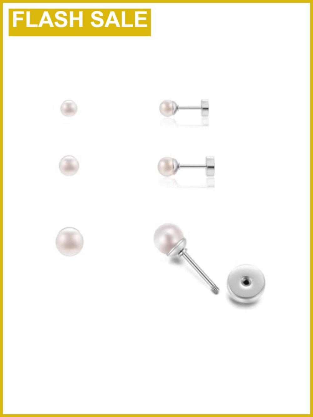 3 Pairs Flatback Pearl Stud Earrings Set Surgical Steel Screw Back for Multiple